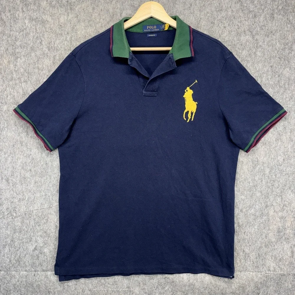 Polo Ralph Lauren Big Pony Shirt Men's Large Classic Fit Blue Yellow Cotton Y2K