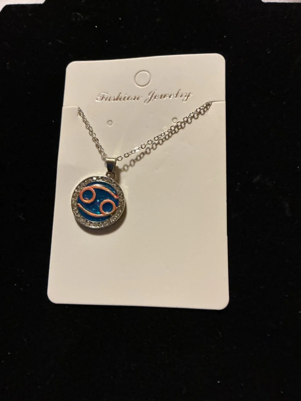 Cancer Zodiac Necklace Blue Round Pendant Rhinestone Accen