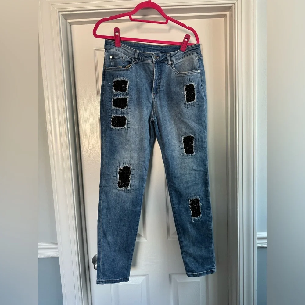 Joseph Ribkoff Rhinestone & Patch Work Cropped Jeans