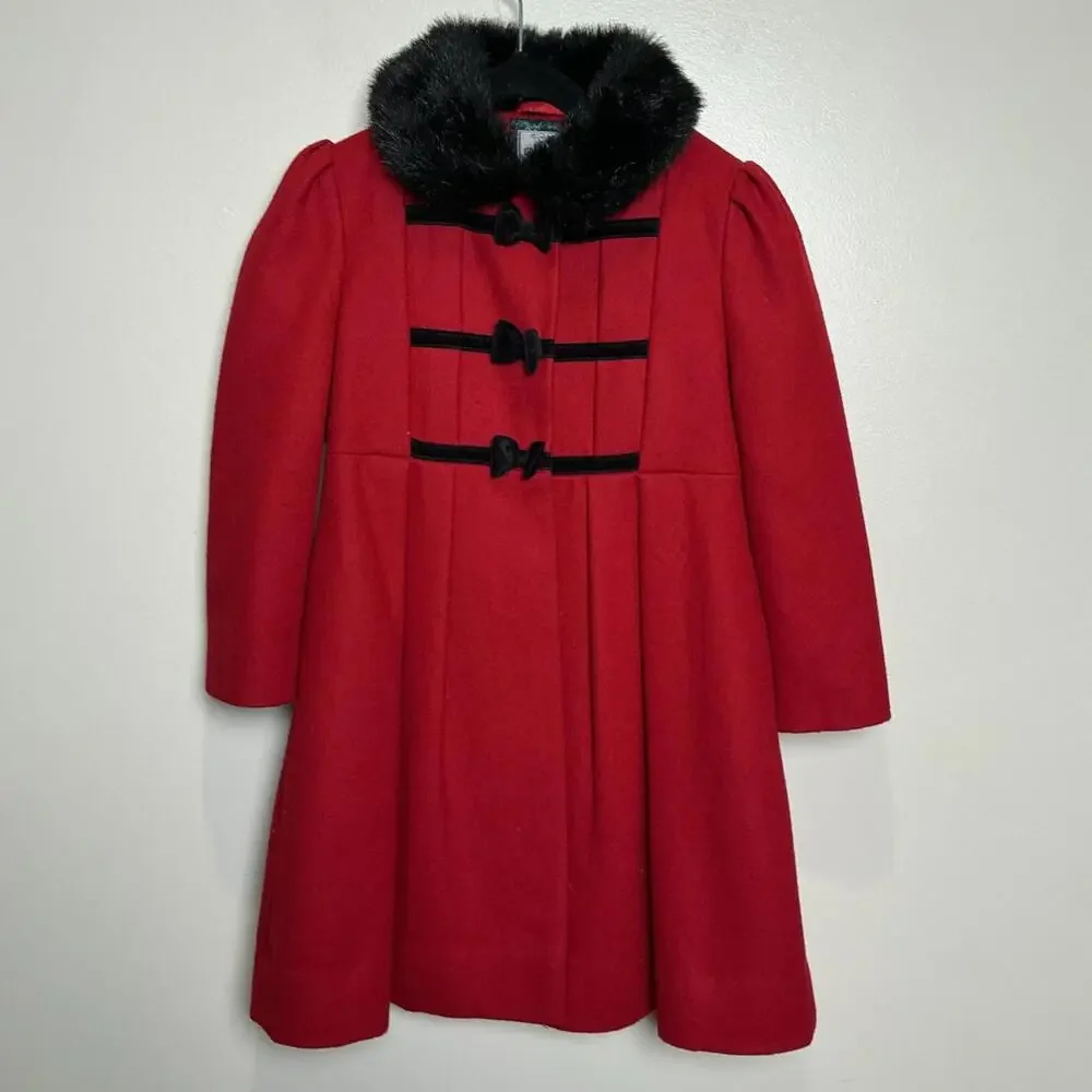 Vintage Rothschild Girls Red Wool Dress Coat Fur Trim Size 5 Union Made In‎ USA