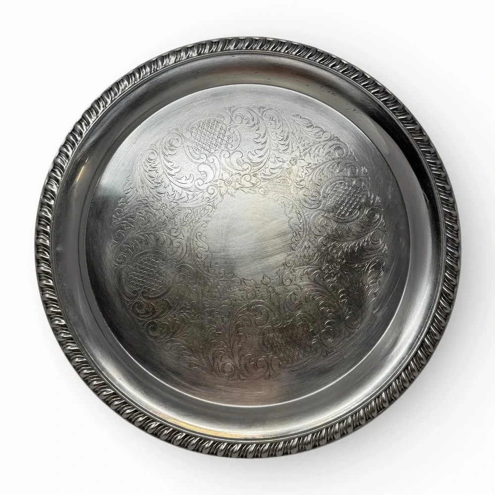 Silverplate Serving Tray Fales 1779‎ Round Shell Scroll Etched 12