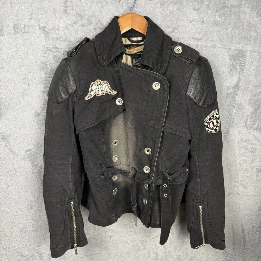 Icon Motorsports Textile Armoured Canvas Black Motorcycle Jacket Coat LG Patches