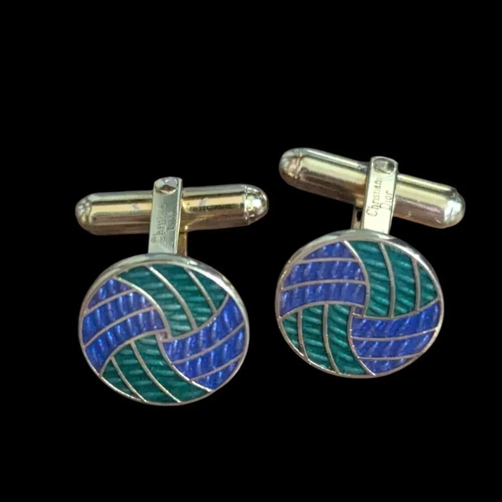 Vintage‎ Christian Dior Enamel Gold-Tone Cufflinks Green & Blue Swirl Design