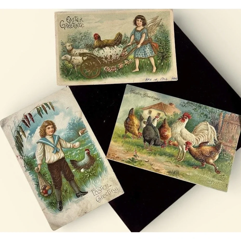 3 Antique Easter Postcards 1906 Lithograph Embossed Chickens Rooster Lambs