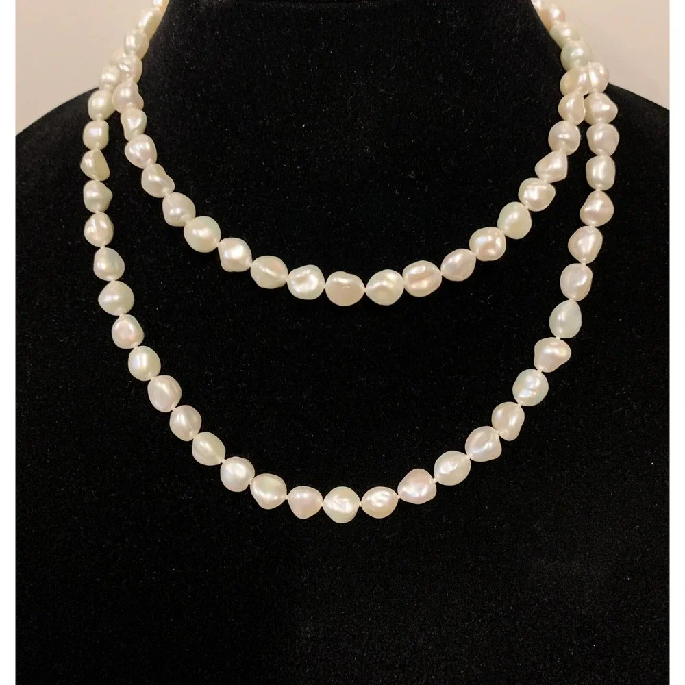 Vintage 14K White Gold Opera Baroque Pearl Necklace 35