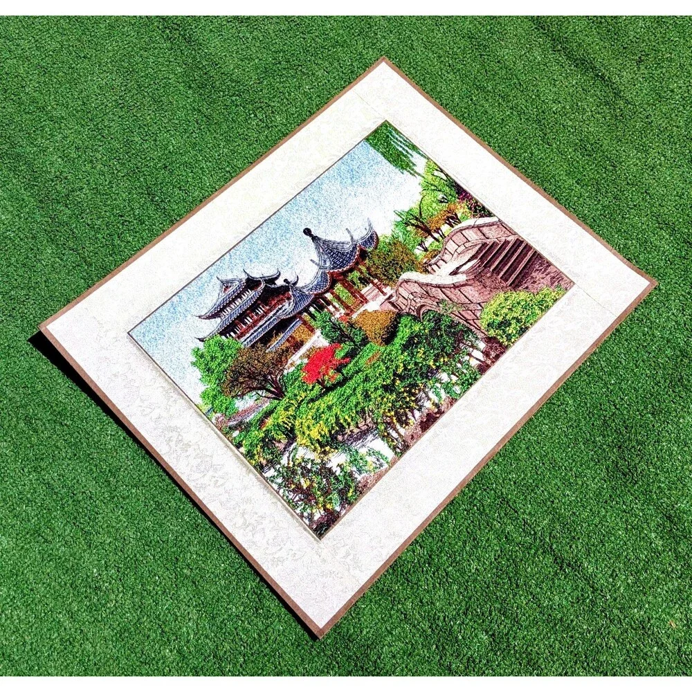 Vintage Chinese Pagoda Bridge Garden Hand Embroidered Silk Wall Hanging Tapestry
