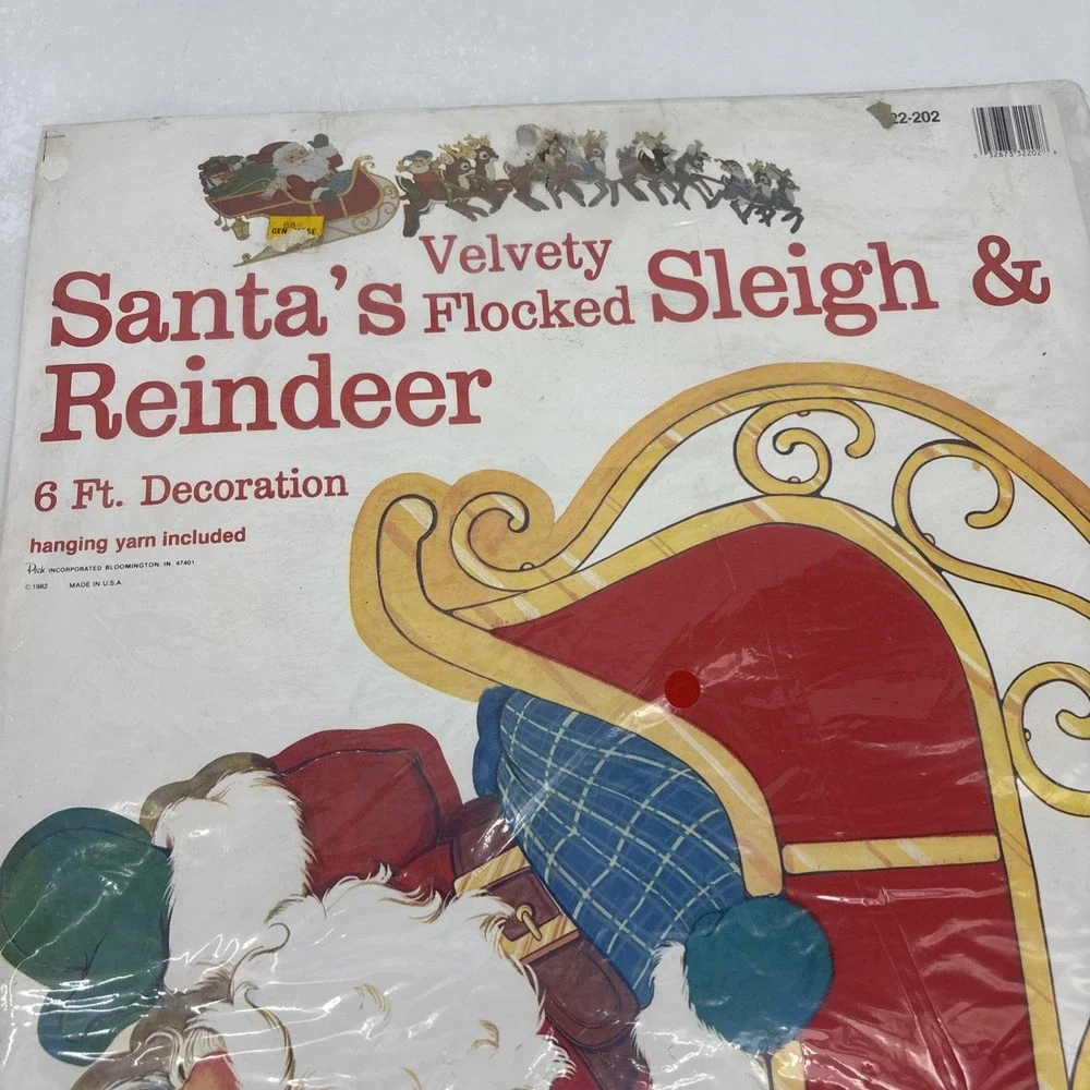 Vintage 1980s PECK Santa's Sleigh & Reindeer 6 Foot Velvety Flocked Die Cut NEW‎