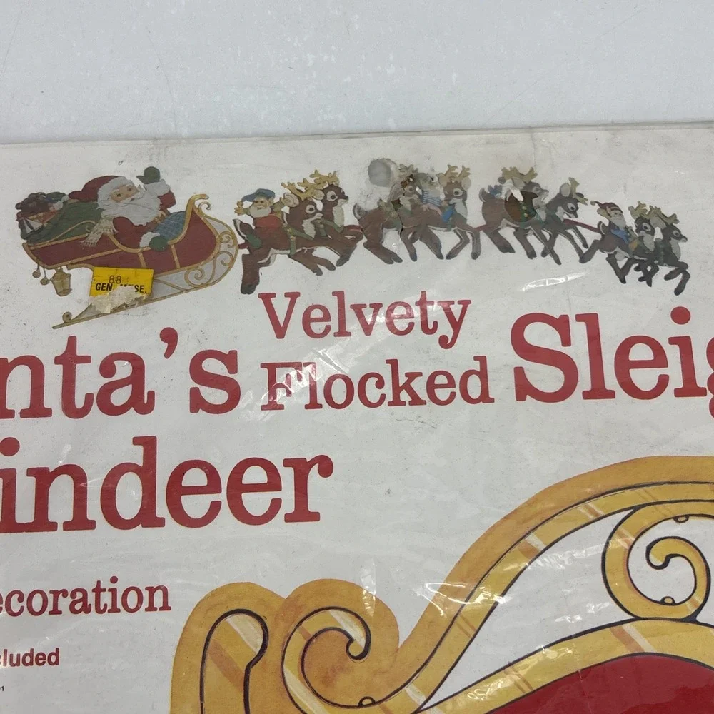 Vintage 1980s PECK Santa's Sleigh & Reindeer 6 Foot Velvety Flocked Die Cut NEW‎