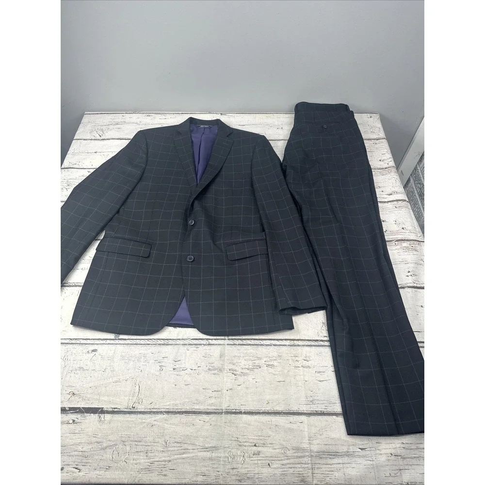 RED Saks Fifth Avenue 2-Piece Blue Suit Mens 40L Pants 35x33.5 Box Print