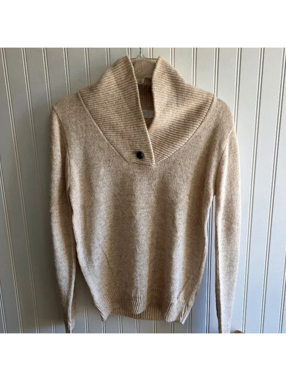 Vintage 80s Ilyse Shawl Collar Pullover Sweater S Beige Preppy Academia Office