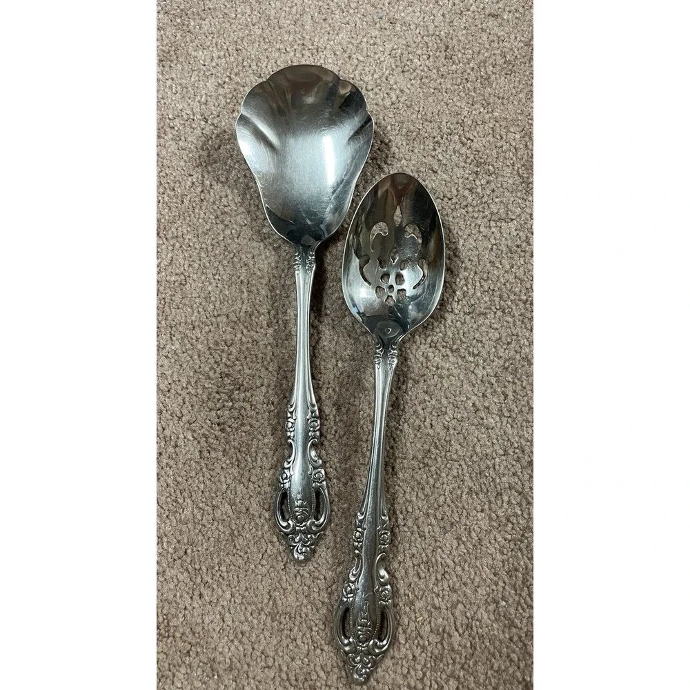 Vintage Oneida Community Stainless Rose design Brahms Set‎ of 2 Serving Spoons