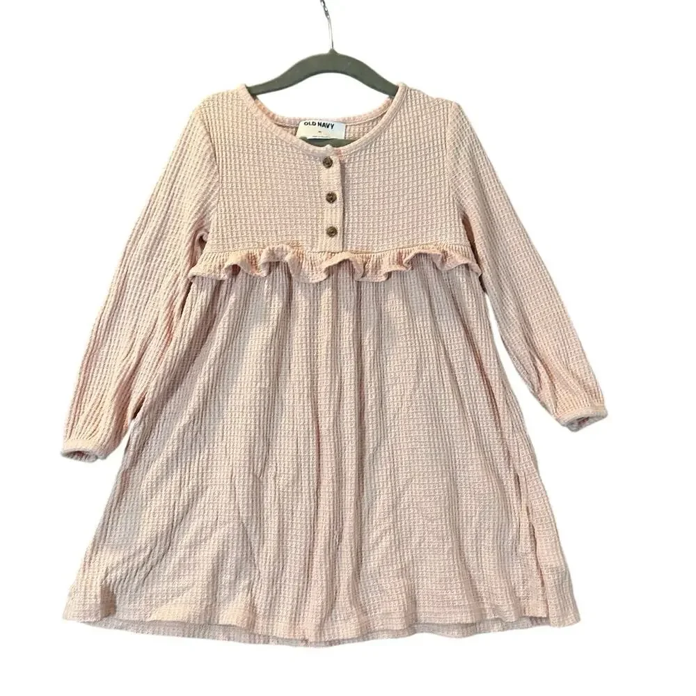 Old Navy Pink Waffle Knit Ruffle Dress Long Sleeve Toddler Girls 4T