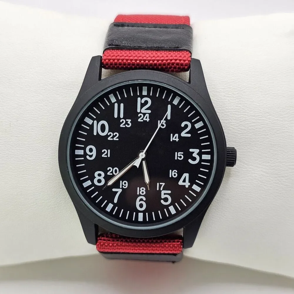 Men's 42MM Military Field Watch Black Case Black‎ Dial Red Black Canvas Bands