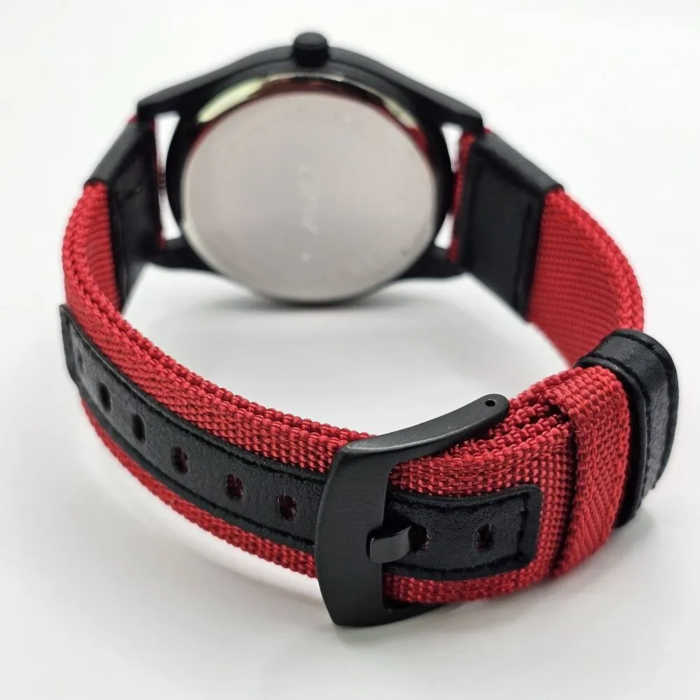Men's 42MM Military Field Watch Black Case Black‎ Dial Red Black Canvas Bands