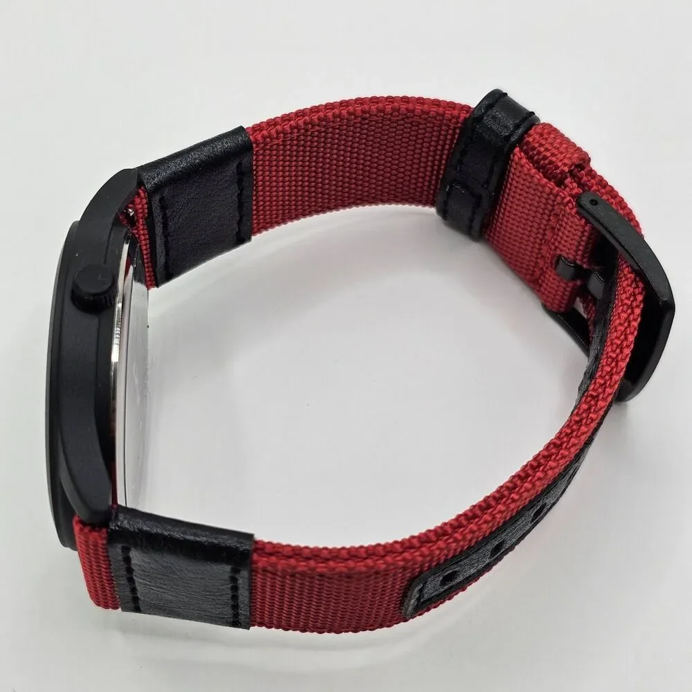 Men's 42MM Military Field Watch Black Case Black‎ Dial Red Black Canvas Bands