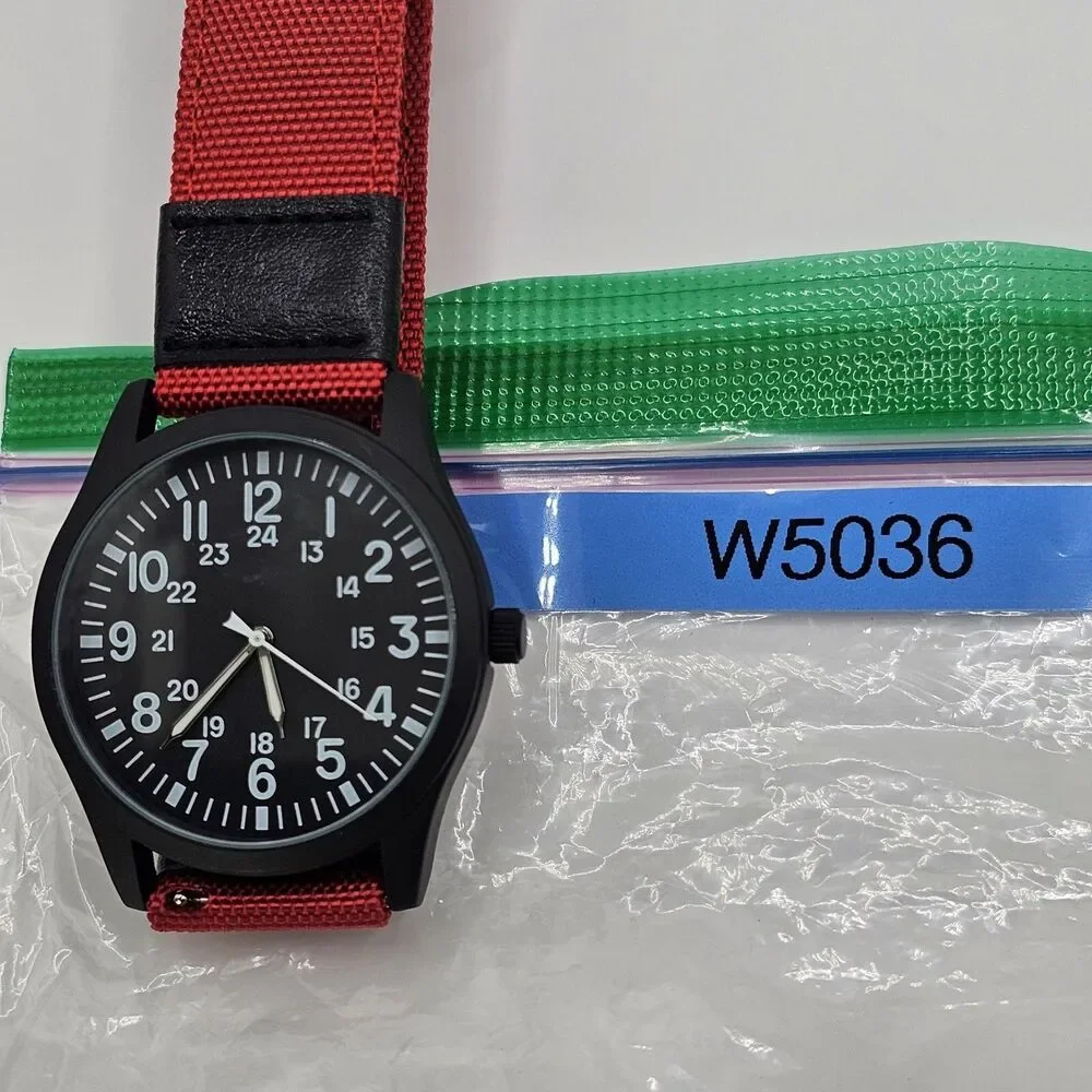 Men's 42MM Military Field Watch Black Case Black‎ Dial Red Black Canvas Bands