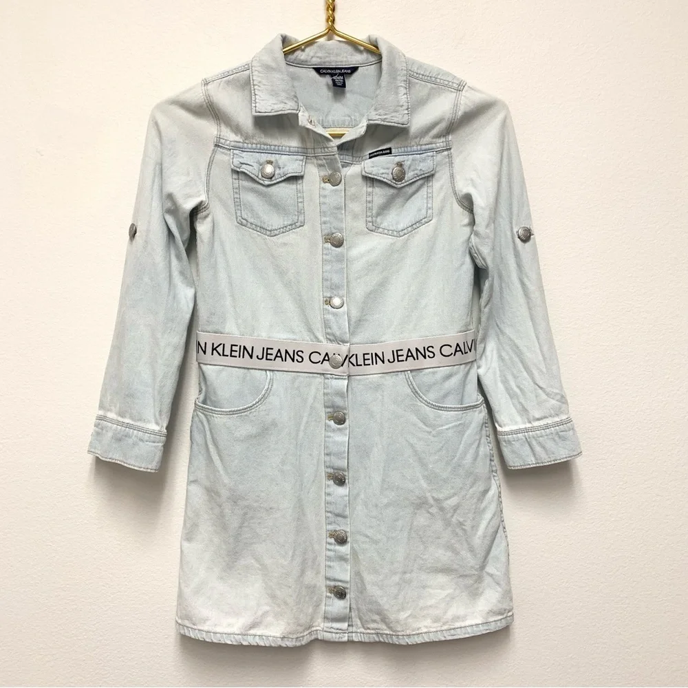 Calvin Klein Girls Chambray Denim Shirt Dress‎ Size M Logo Waistband Long Sleeve