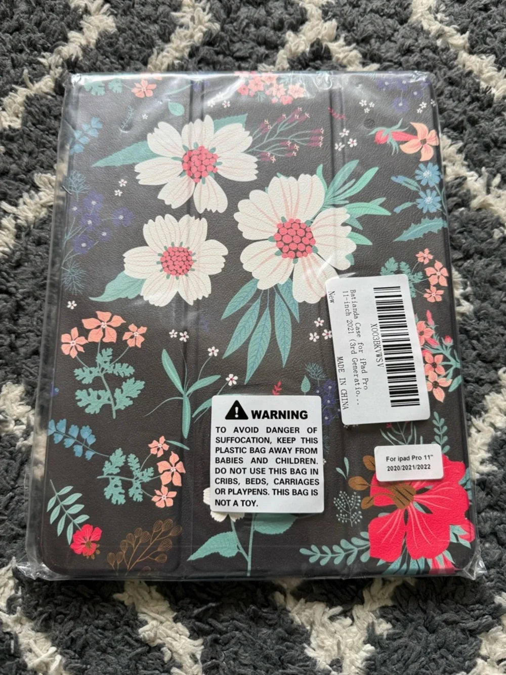 Floral Tablet Case - Black Background with White, Pink & Teal Flowers