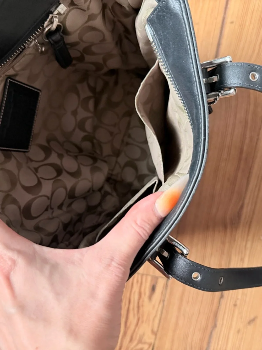 COACH Black Leather Shoulder Tote with Signature Tag