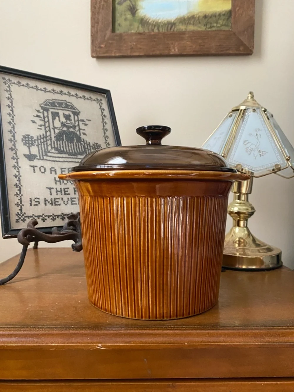 Vintage Rival 1970s Stoneware Slow Cooker Insert with Pyrex Glass Lid — OS