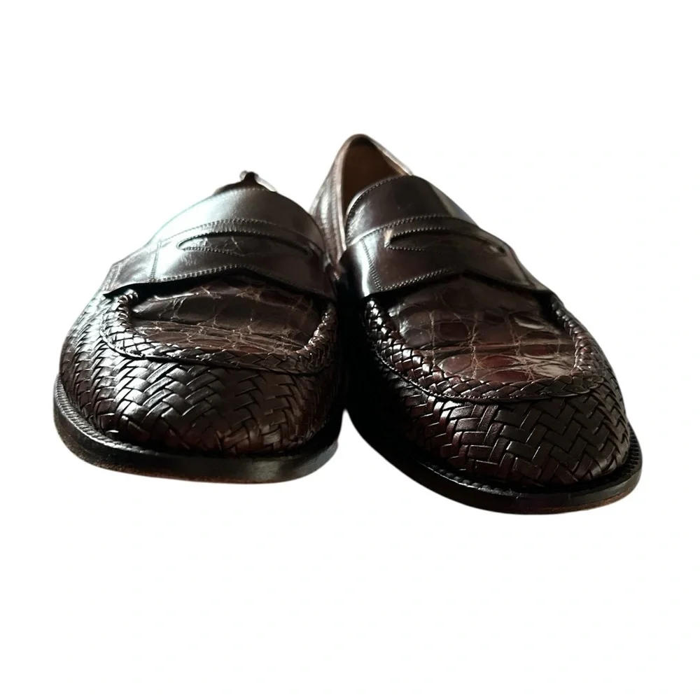 MEZLAN Mens CROCODILE Dark Brown Woven Leather Slipon Round Toe Croc Loafers 10