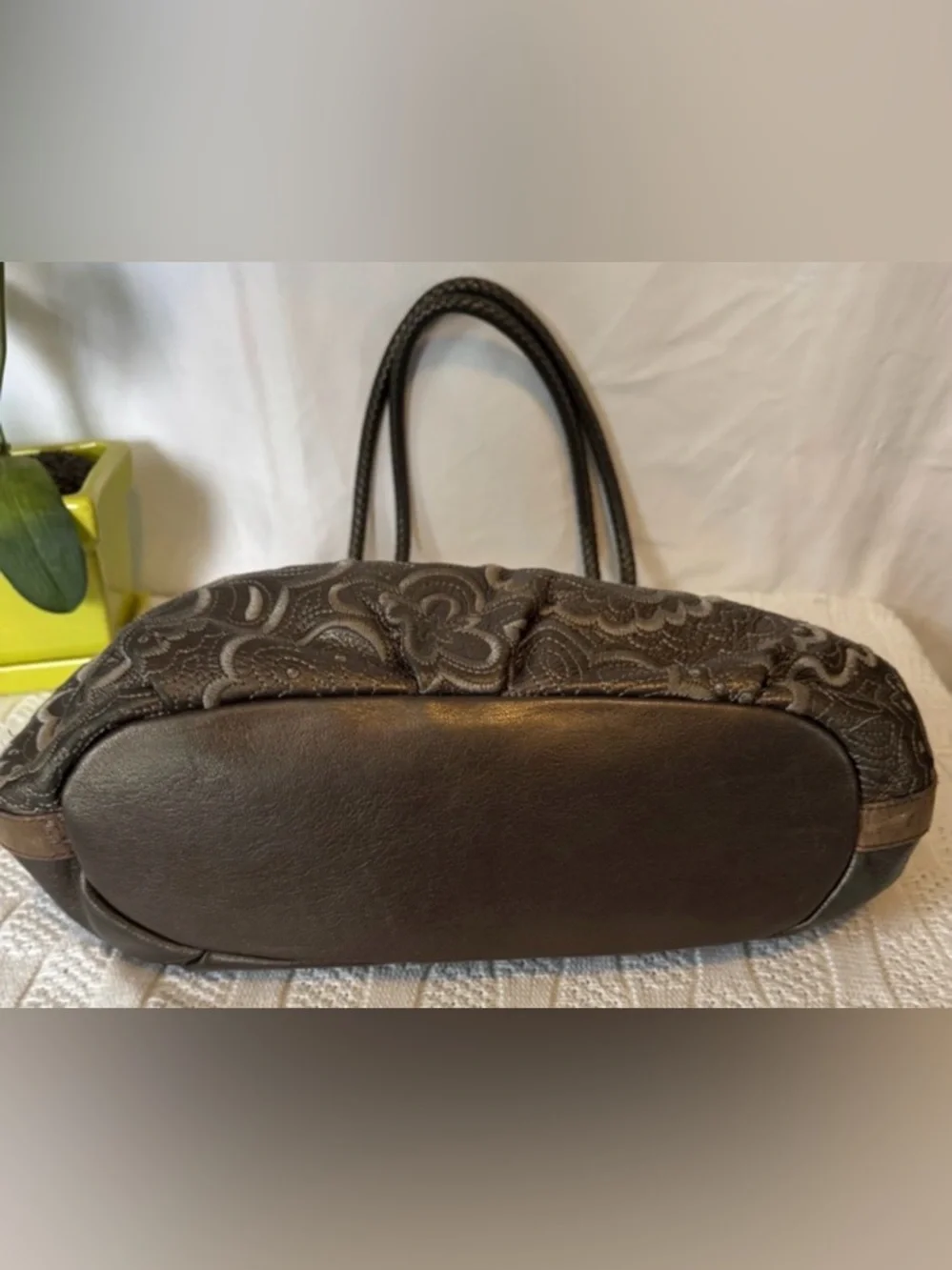 Brighton Embossed Floral Leather Bronze Metallic Tassel Shoulder Bag