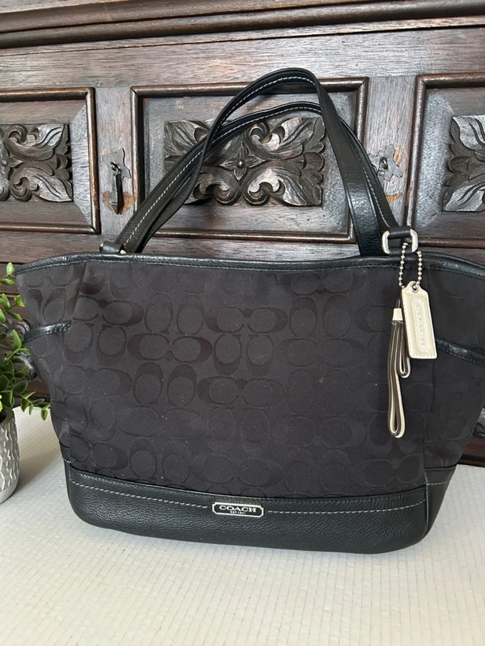 COACH Park Signature Carrie Tote Handbag.