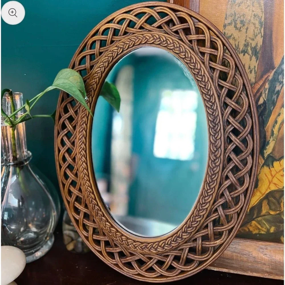 Vintage Homco Dart Burwood Faux Wood Rattan MCM Oval Mirror