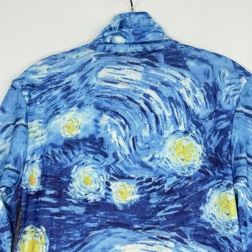 Starry Night Print Open Front Cardigan Women Size M Blue Art Knit