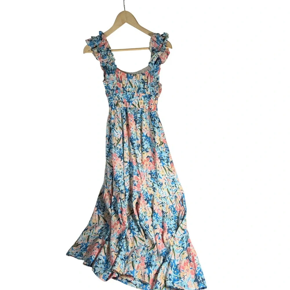 Abercrombie & Fitch Floral Smocked Maxi Dress Blue Pink Ruffle XS 159D2300