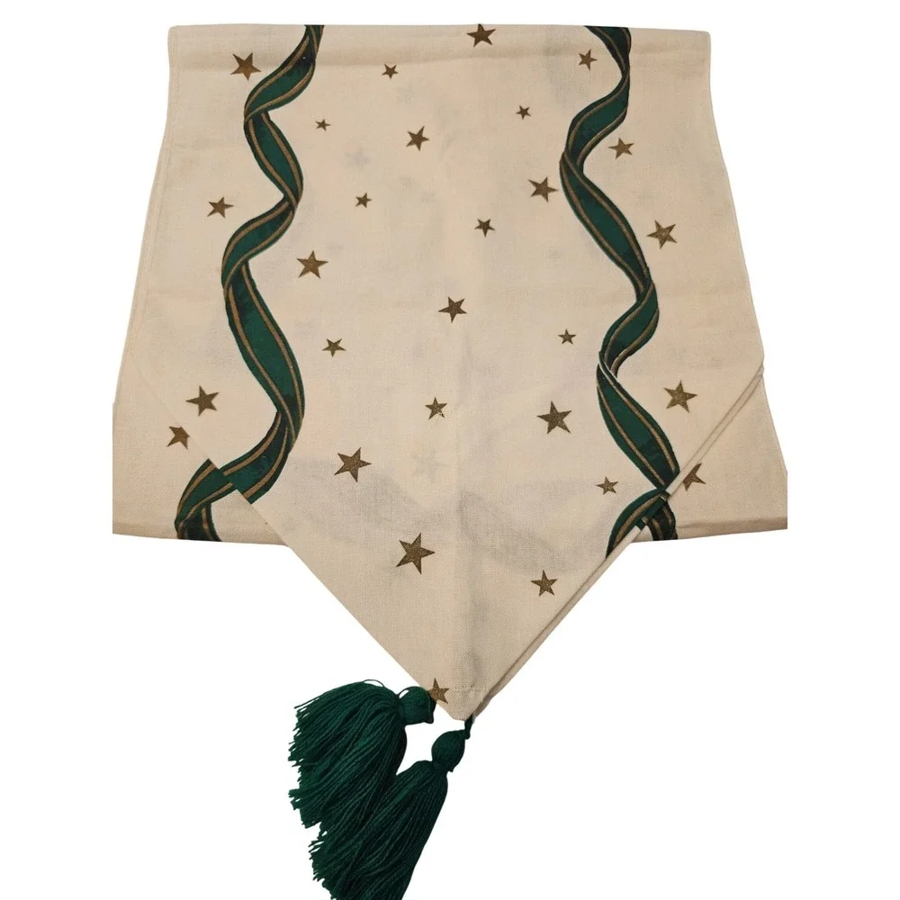 Vintage Vera Holiday Table Runner Green Ribbon Stars Tassels Cream