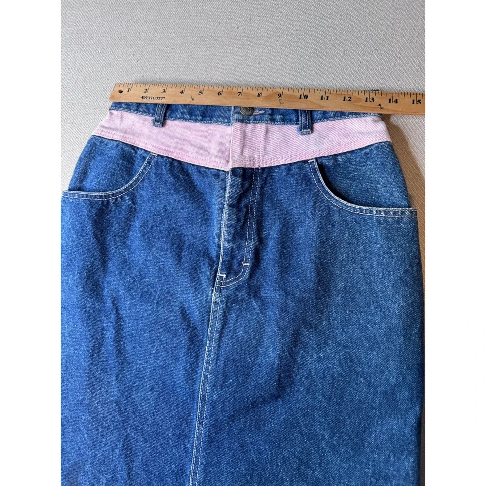 80s True Blue Denim Skirt Pink Waist High Rise Knee Length 27