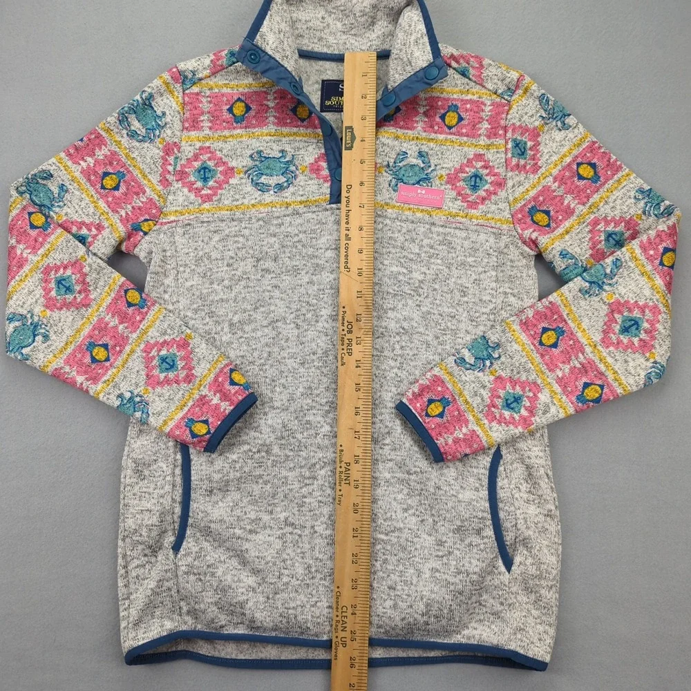 Simply Southern Pullover Womens Small Gray Pink Blue Crab‎ Print Aztec Preppy