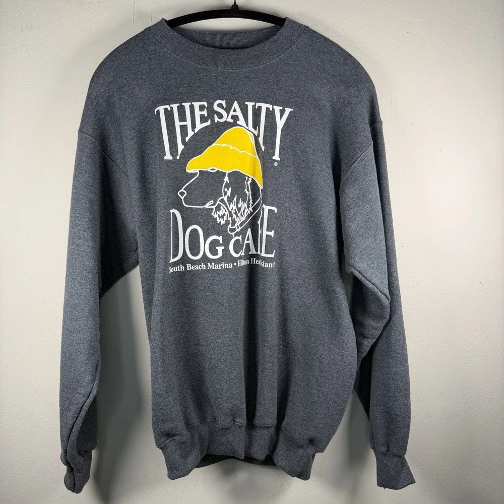 THE SALTY DOG CAFE VNG FADED Blue CREW‎ NECK SWEATSHIRT Dog Yellow Hat Hanes