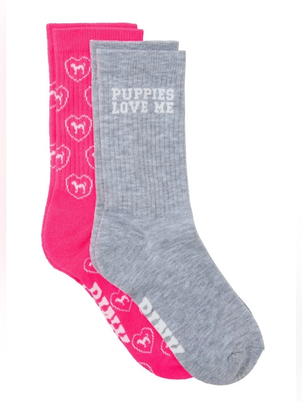 PINK Victoria's Secret “Puppy Love” Crew Socks - Hot Pink & Gray NEW