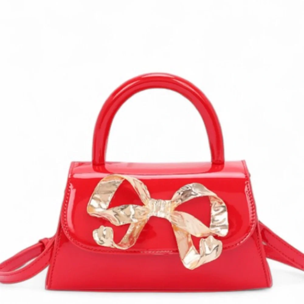 Vegan Patent Leather Gold Bow Top Handle Bag - Red, Black, White