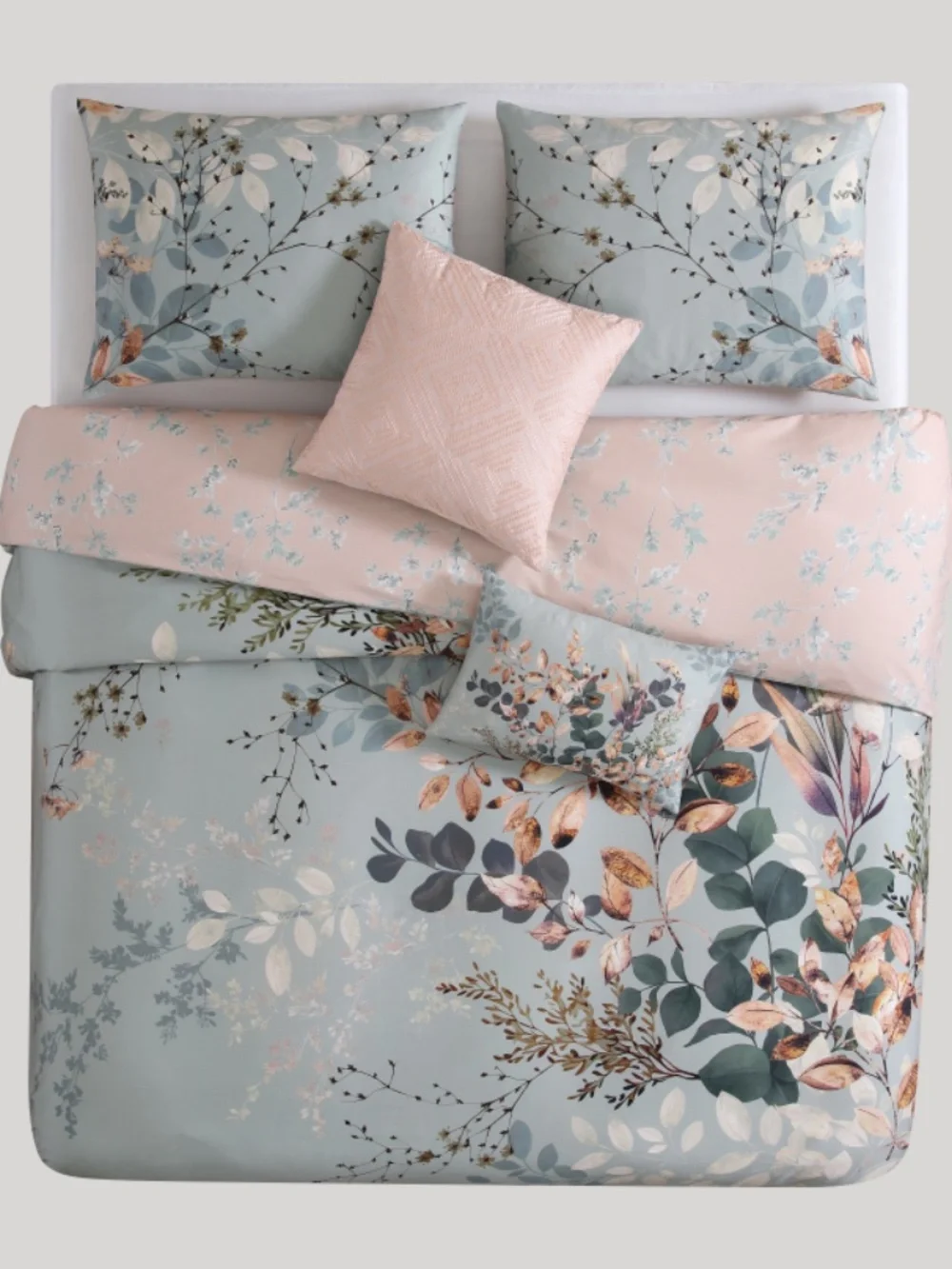 Bebejan Peach Leaves on Sage Reversible King Comforter Set
