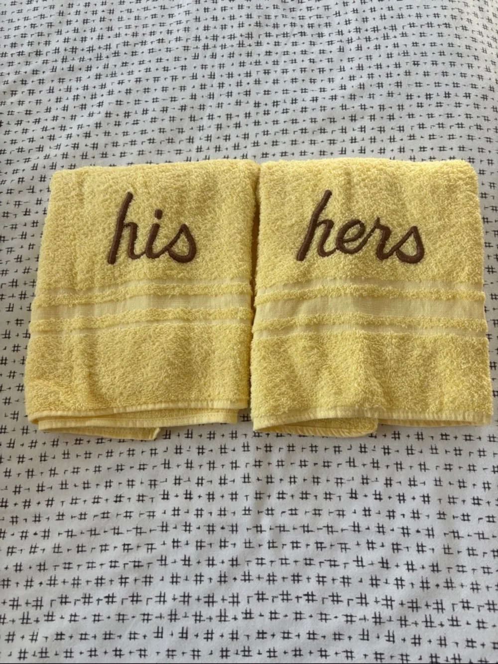 Vintage Sears Roebuck bath towels “His” and “Hers”, yellow, cotton, 37.5x19”