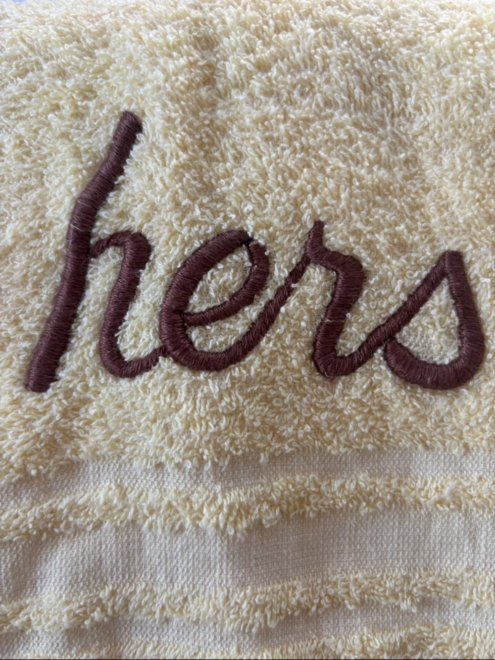 Vintage Sears Roebuck bath towels “His” and “Hers”, yellow, cotton, 37.5x19”