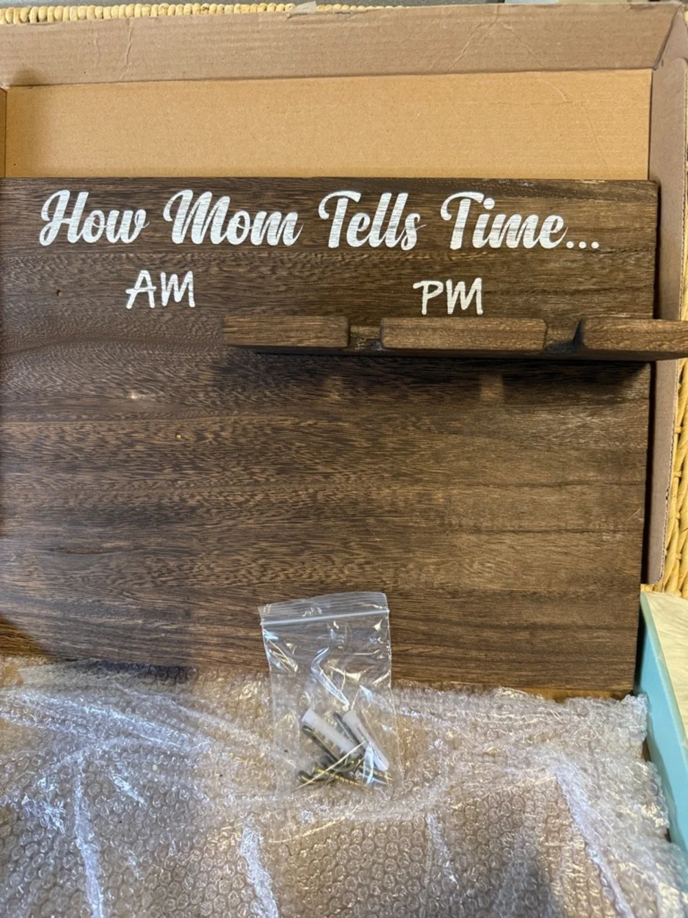 How Mom Tells Time Wooden Wall Wine Glass Holder Sign - White on Dark Brown Wood