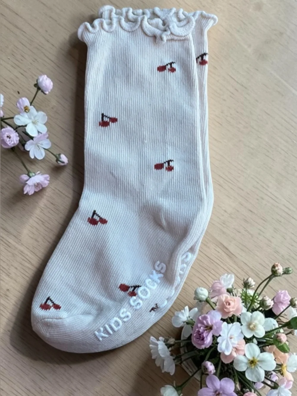 Cute Cherry Pattern Kids Socks - soft cream