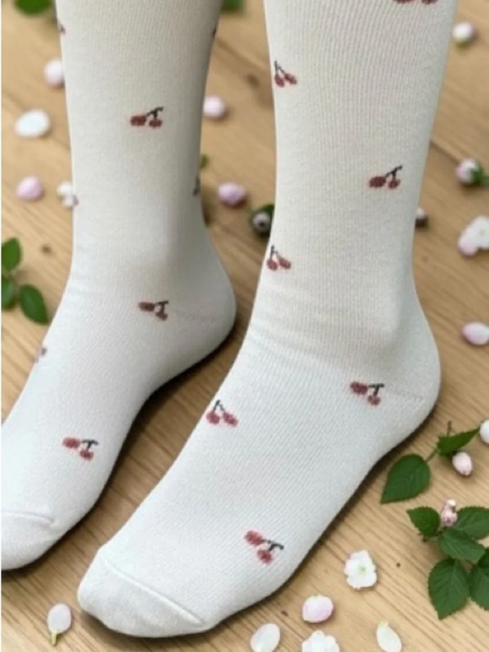 Cute Cherry Pattern Kids Socks - soft cream