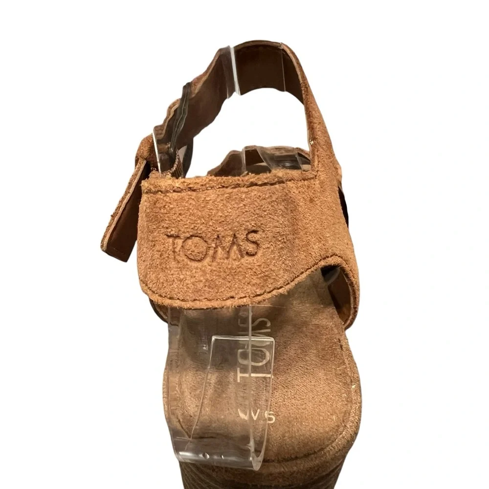 Toms Estella Suede Leather Brown Block Heel Sandal Open Toe Ankle Strap Buckle 6