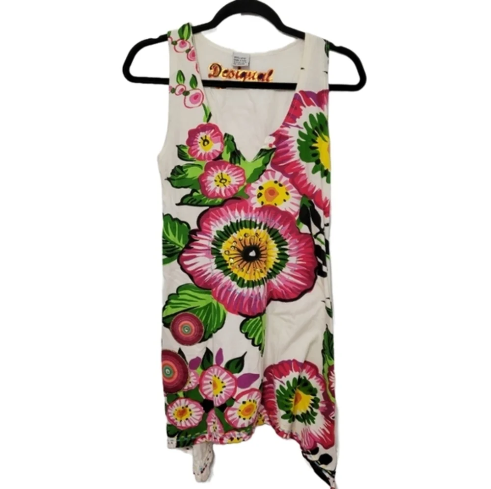 Desigual Womens Floral Asymmetric Tunic Tank Beaded Embroidered Mixed Media XS/S