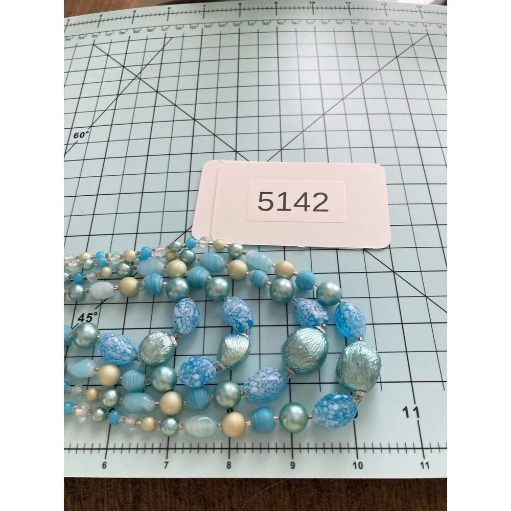 Vintage Aqua Blue Multi Strand Beaded Statement Necklace Art Glass Faux Pearl