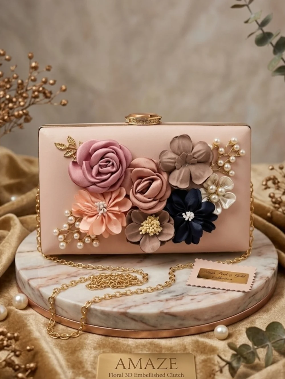 Amaze Floral 3D Embellished Box Clutch - Blush Pink & Gold