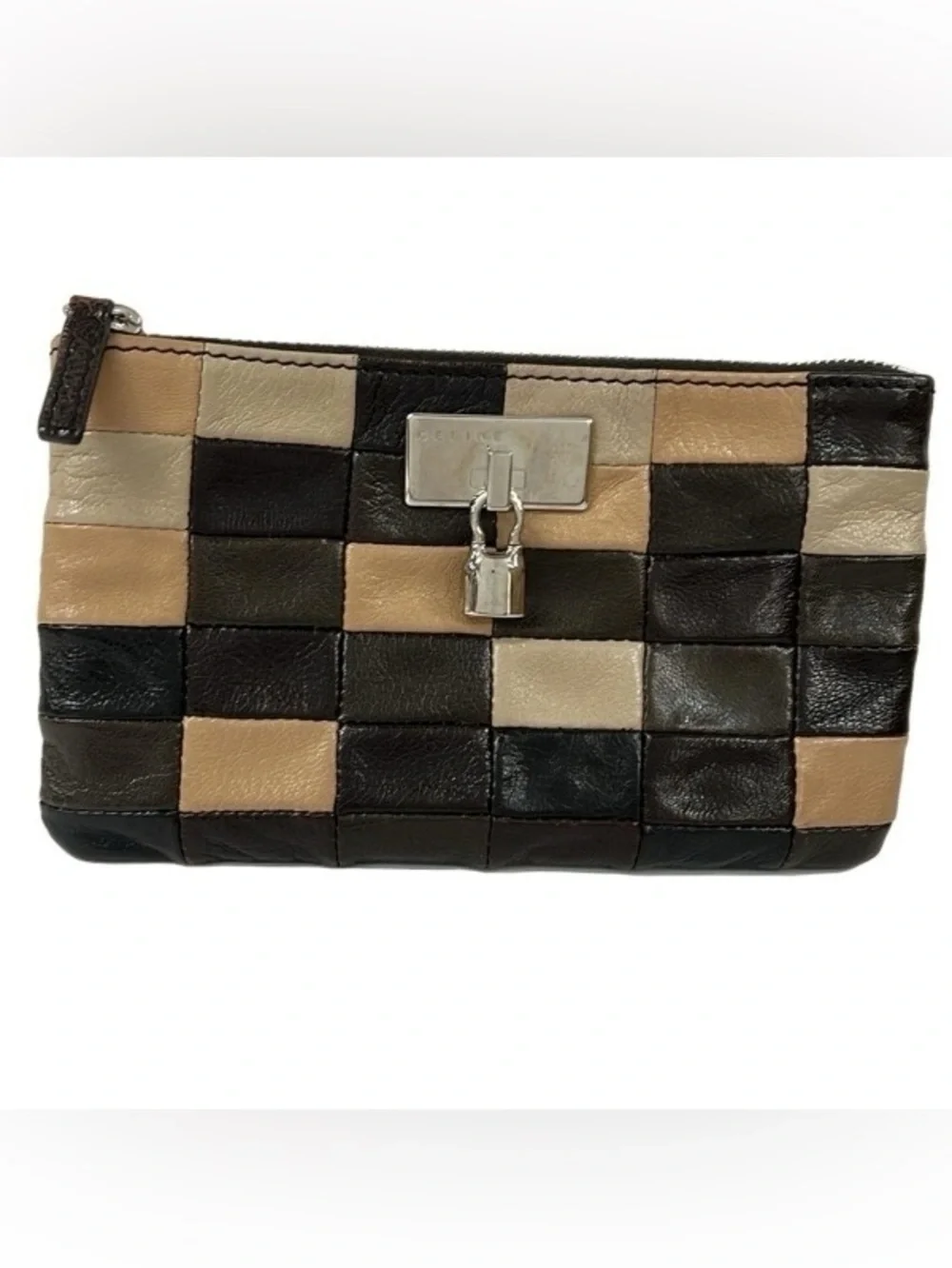 Vintage Céline Patchwork Leather Zip Pouch - Tricolor with Padlock