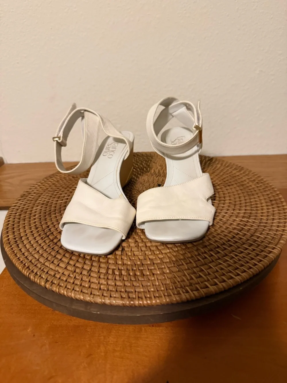 Franco Sarto Cream Wedge Sandals with Ankle Strap