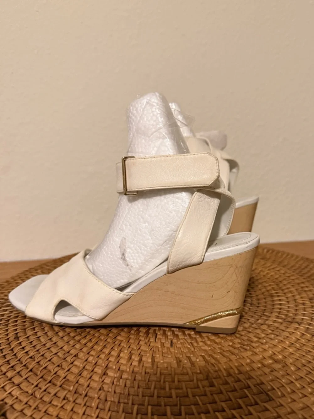 Franco Sarto Cream Wedge Sandals with Ankle Strap