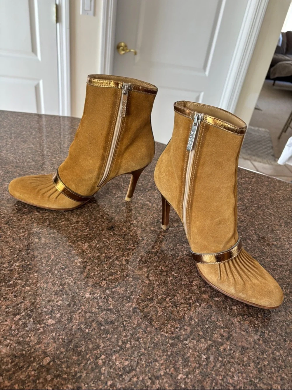 Versace Versus Ladies Camel Suede Bronze booties-7-VINTAGE 90’s